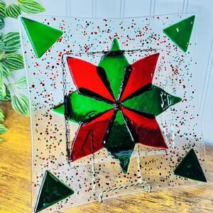 Fused Glass Signed Christmas Star Plate Serving Square Green Red Speckled 9”